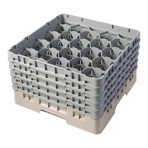 A beige plastic glass rack with 20 compartments and 5 extenders for holding and washing glassware.