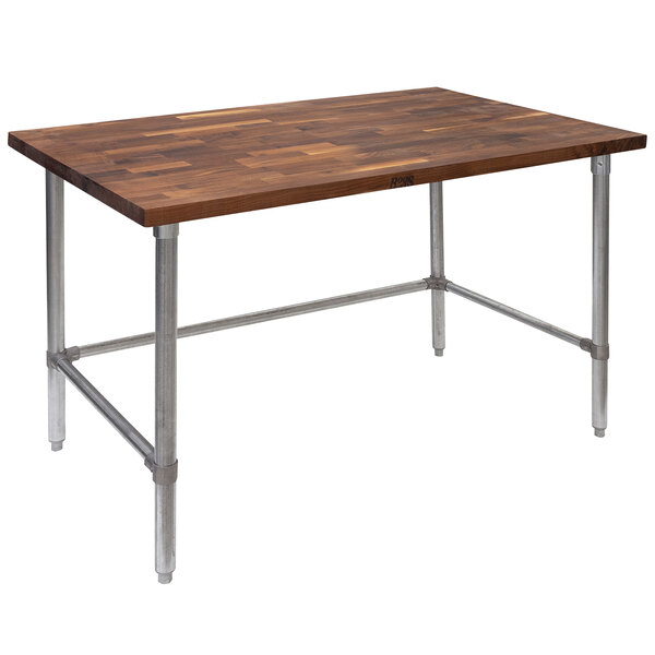 A John Boos walnut wood top work table with a galvanized metal base.
