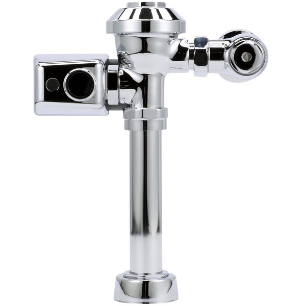 A Zurn chrome plated metal toilet flush valve.