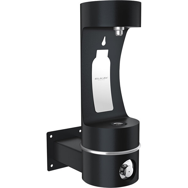 A black Elkay outdoor wall mount bottle filling station with a silver button.
