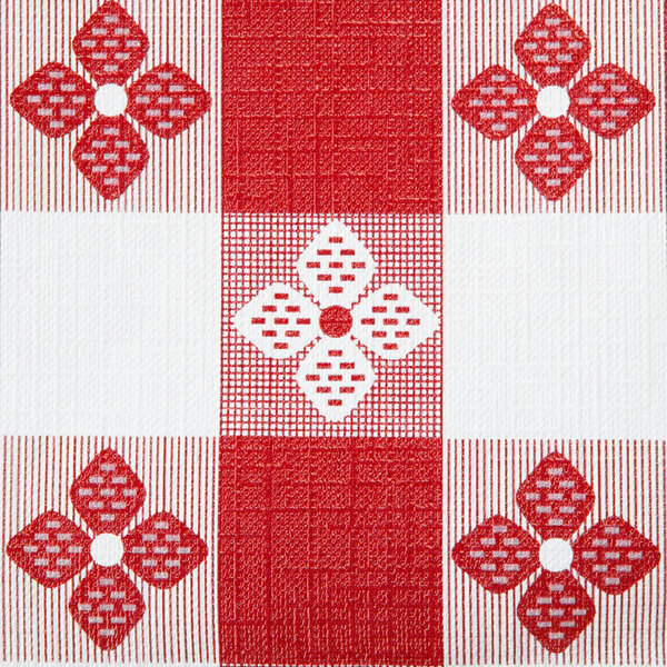 A red and white checkered Intedge vinyl table cover.