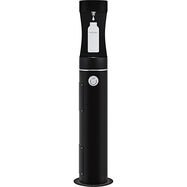 A black Elkay water dispenser with a rectangular black and white button.