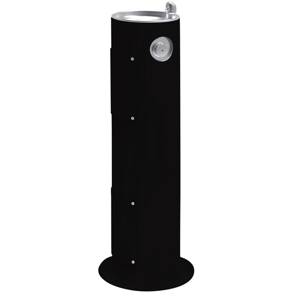 An Elkay black metal outdoor pedestal drinking fountain with a silver water dispenser button.