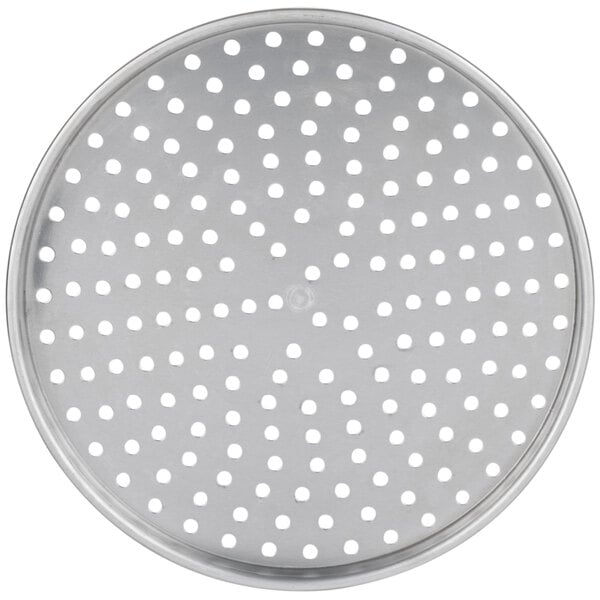 An American Metalcraft perforated heavy weight aluminum pizza pan with straight sides and holes in it.