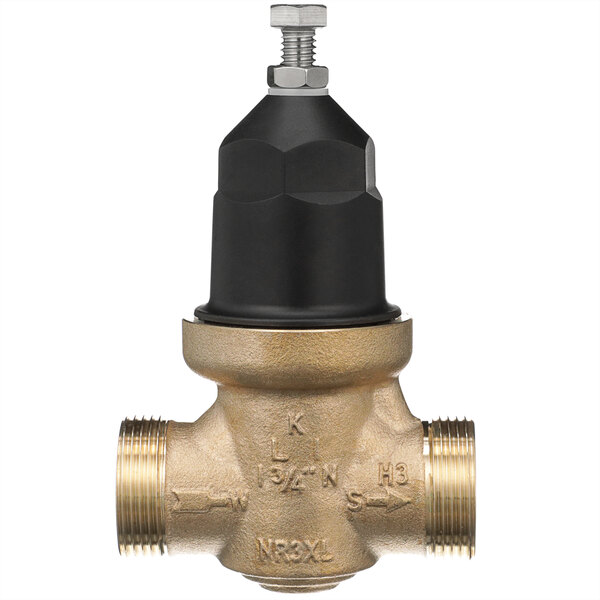 A close-up of a Zurn brass water pressure reducing valve with a black cap.