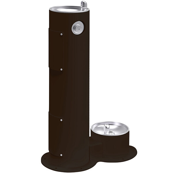 An Elkay black metal pedestal drinking fountain with a bowl and silver accents.