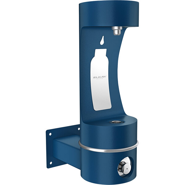 An Elkay blue metal wall mounted bottle filling station with a bottle filling the middle.