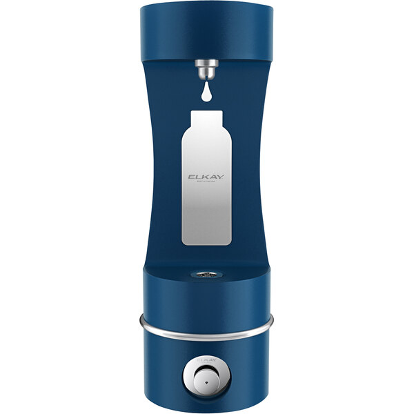 A blue and silver Elkay water dispenser with a white label and a blue water bottle being filled.