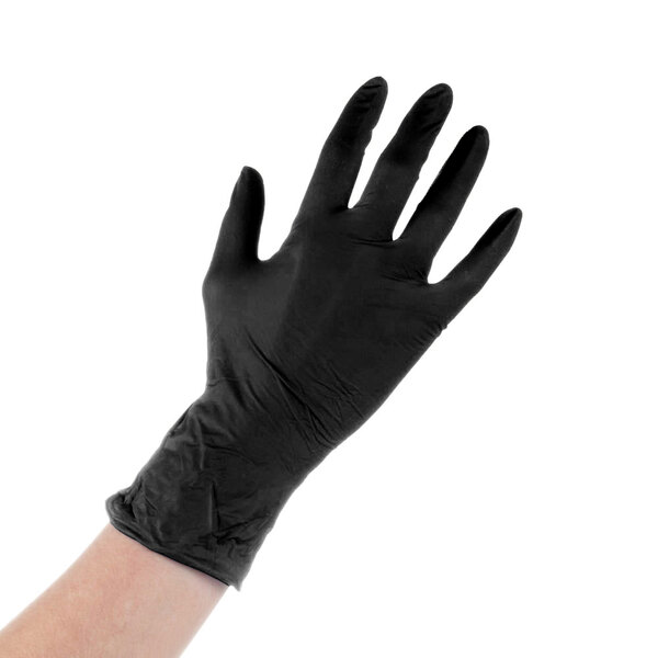 a hand wearing a black glove