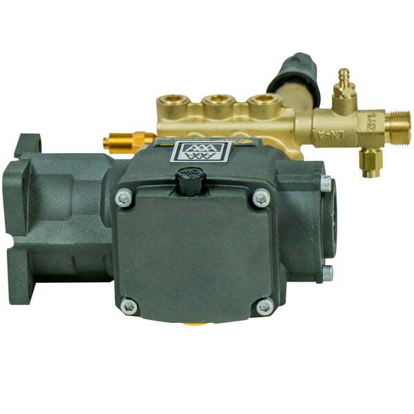 A close-up of a gold and brass Simpson triplex water pump.