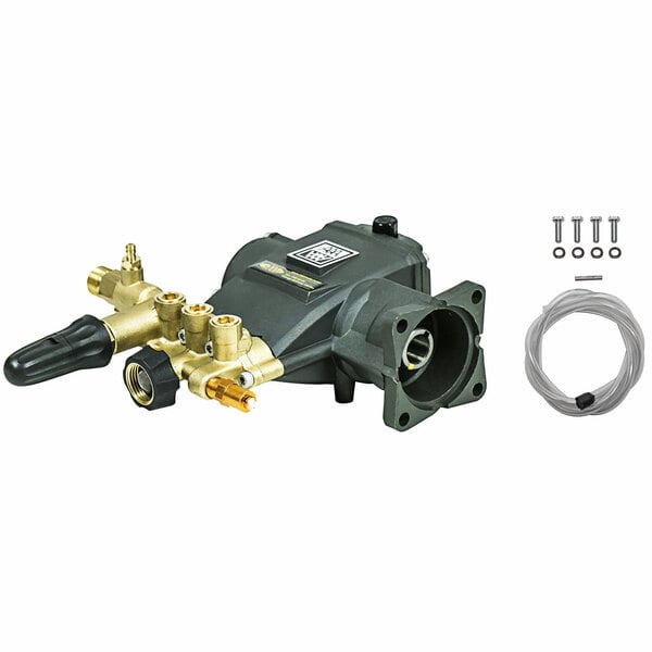 A Simpson black and gold pressure washer pump kit with gold connectors.