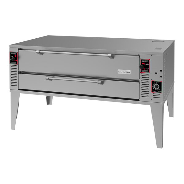 A large stainless steel commercial pizza oven with two front doors and control panels on each side.