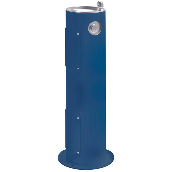 A blue Elkay outdoor drinking fountain with a silver water dispenser button.