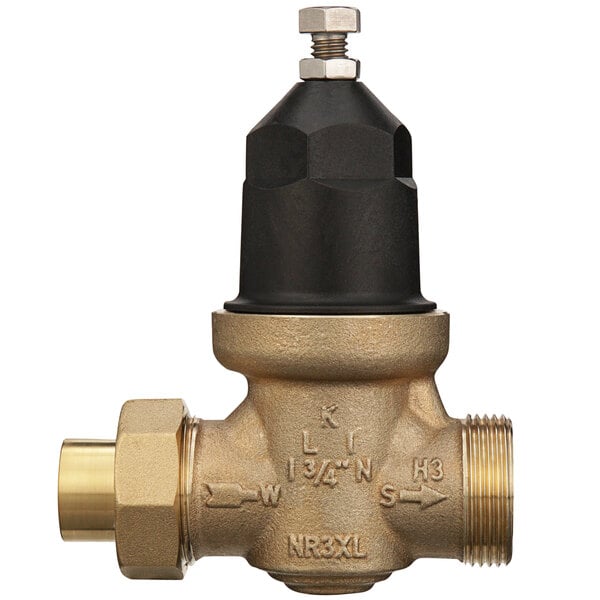 A Zurn brass water pressure reducing valve with copper union connections and a black cap.