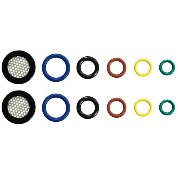 A brown, blue, black, and yellow O-ring with white circles on a white background.