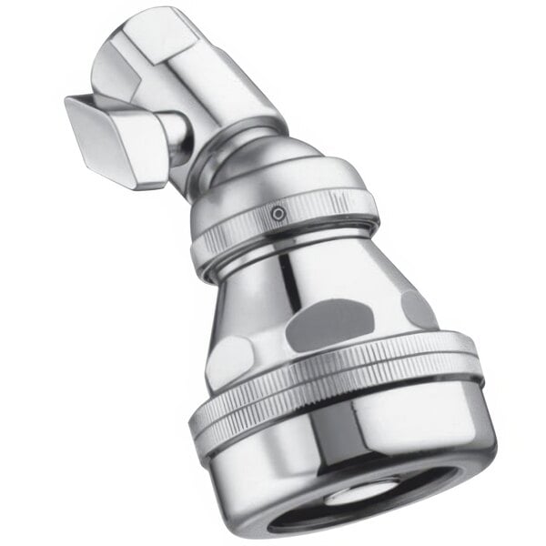 A Sloan polished chrome shower head with a metal thumb screw.