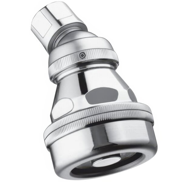 A silver metal Sloan Act-O-Matic showerhead with a PVD plated brushed nickel finish.