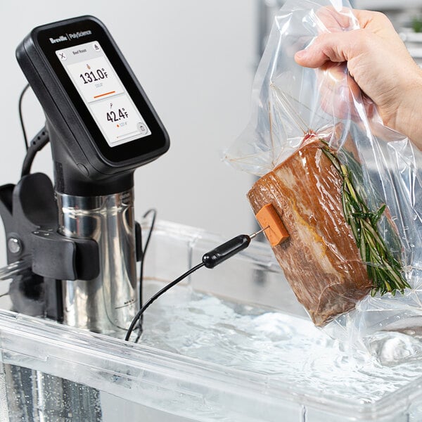 Checking temperature of sous vide cooked steak