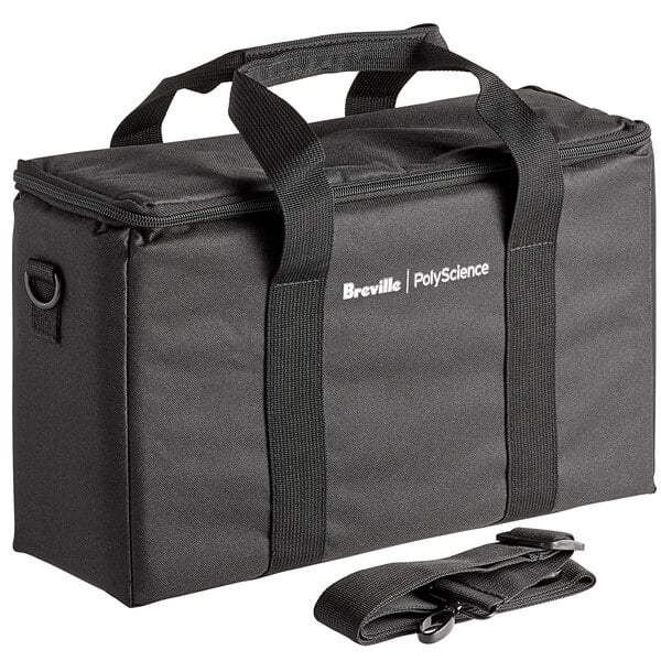 A Breville sous vide immersion circulator head in black packaging with a handle and straps.