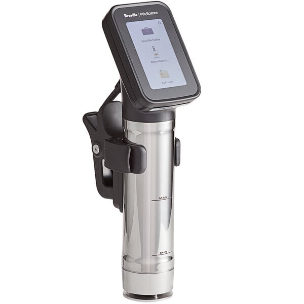 A close-up of a silver and black Breville HydroPro sous vide immersion circulator head with a screen.