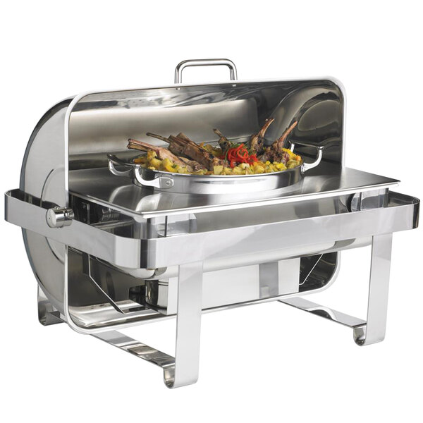 A stainless steel adapter plate with food inside on a table.