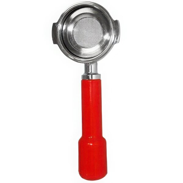 A red plastic and metal Astra Adjustable Pod Portafilter with a red handle.