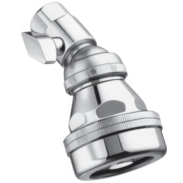 A Sloan brushed stainless steel shower head with a metal thumb screw volume control.