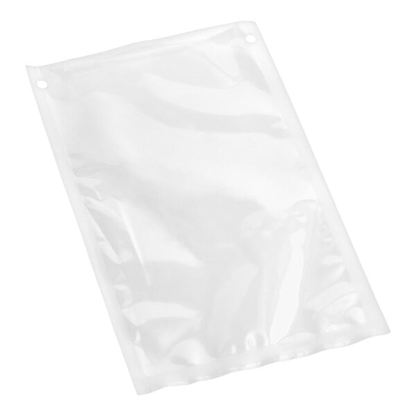 A clear, rectangular chamber vacuum packaging pouch with two holes near the top edge.