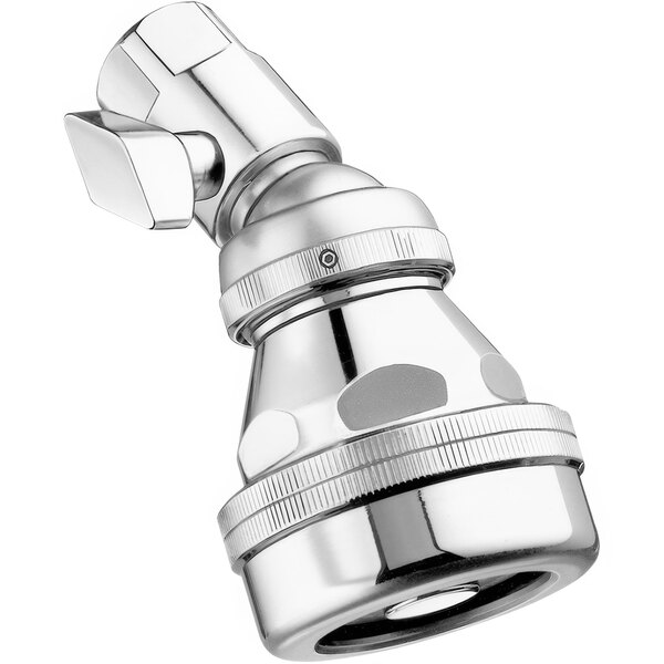 A silver Sloan Act-O-Matic shower head with thumb screw volume control.