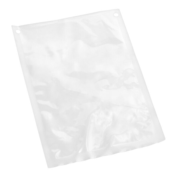 A clear plastic 7 x 11 inch vacuum packaging pouch with two holes in the top corners.