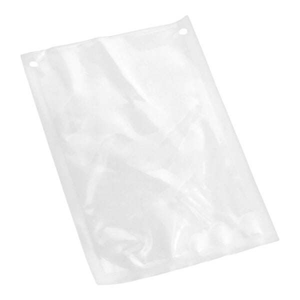 A clear plastic chamber vacuum packaging pouch with two holes near the top edge.