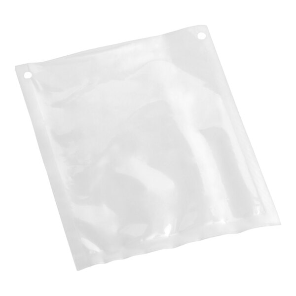 A clear plastic chamber vacuum packaging pouch with two holes in the corners.