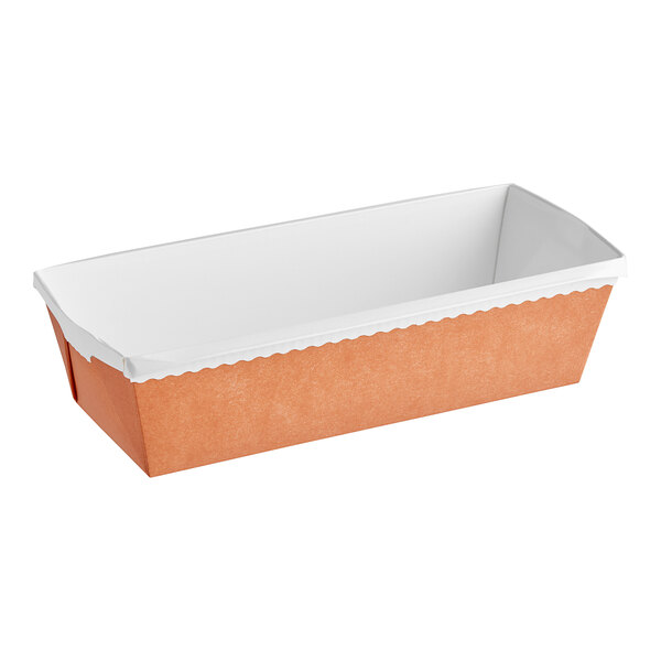 A Novacart terra cotta and white rectangular loaf mold with a white lid.
