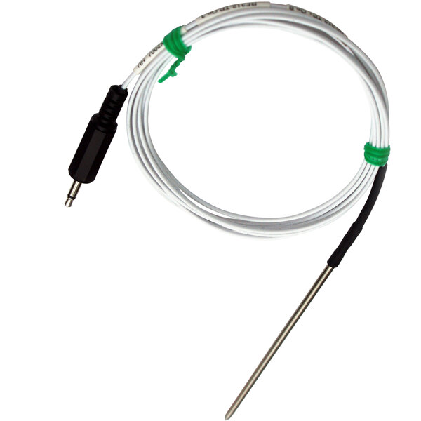 A white and black cable with a black connector on a Comark Diligence WiFi Thermistor Penetration Probe.