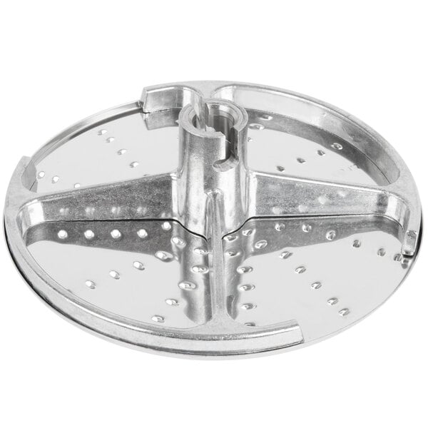 A Robot Coupe 1/16" grating / shredding disc, a circular metal object with holes.