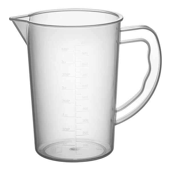 A clear plastic Araven measuring cup with a handle.