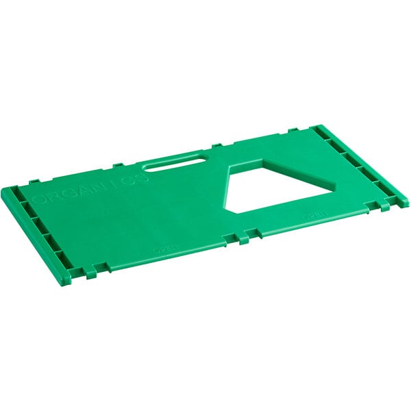 A green rectangular plastic lid with an open center and a handle.