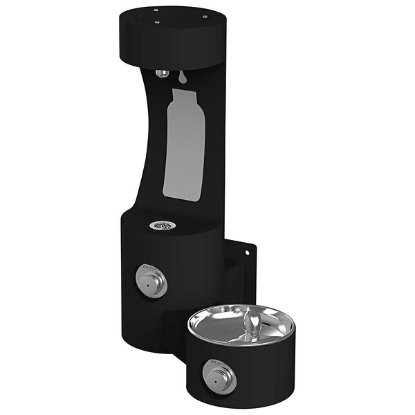 A black Elkay wall mount bottle filling station with a silver metal bowl and handles.