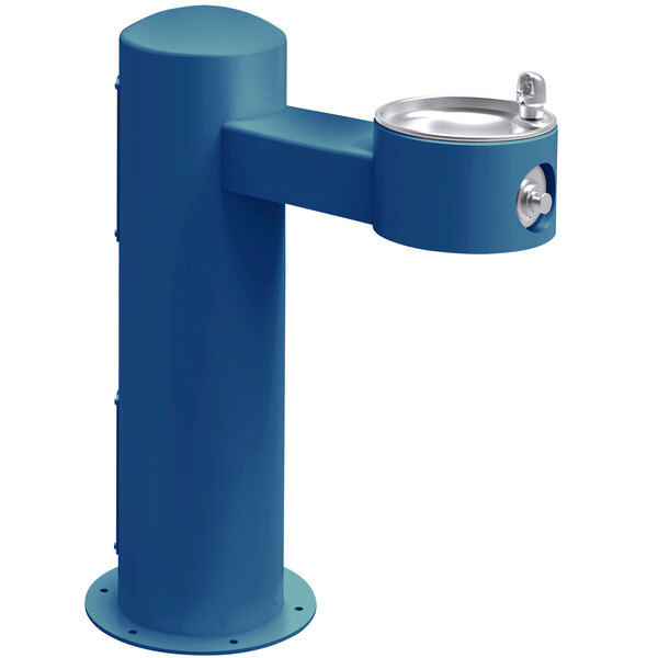 An Elkay blue metal outdoor pedestal drinking fountain with a silver handle.