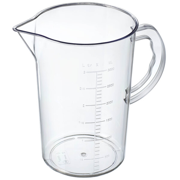A clear Araven polycarbonate measuring cup with a handle.