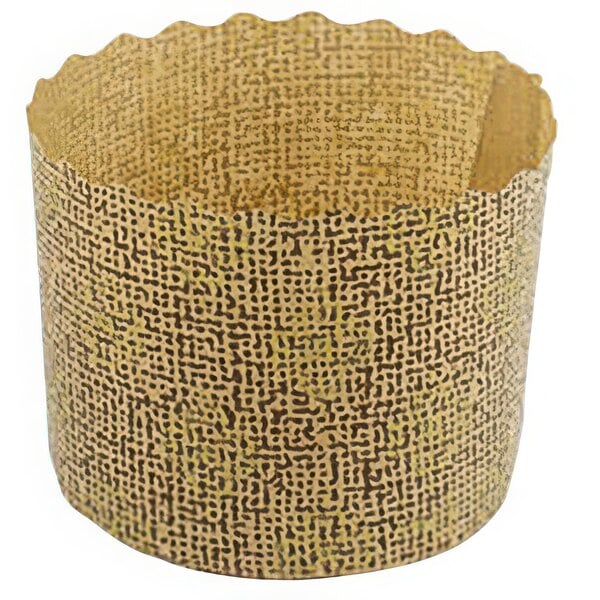 A round brown paper container with a gold pattern.