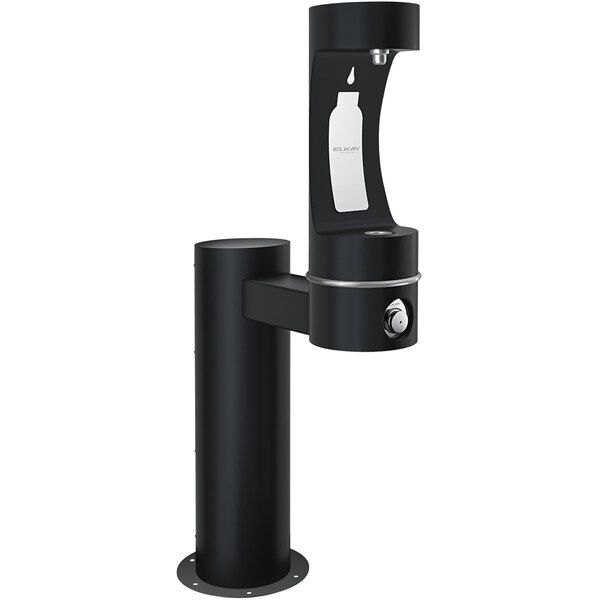 a black water fountain with a white label