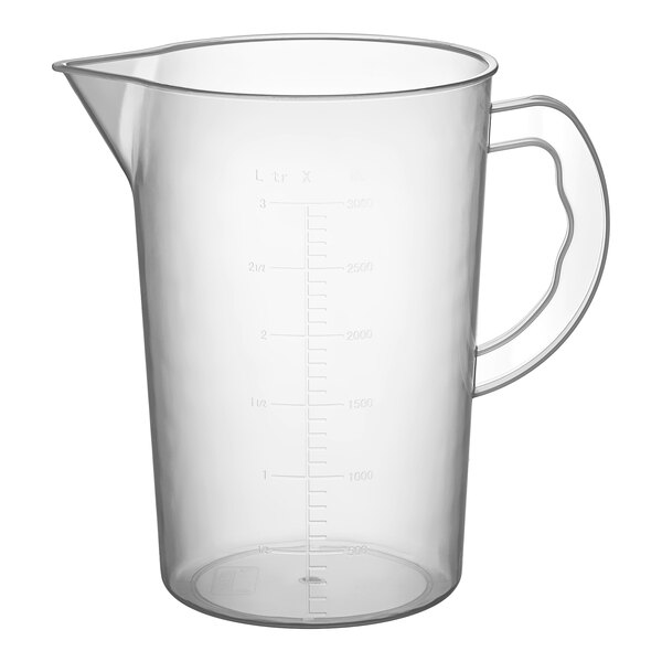 A clear plastic Araven measuring cup with a handle.