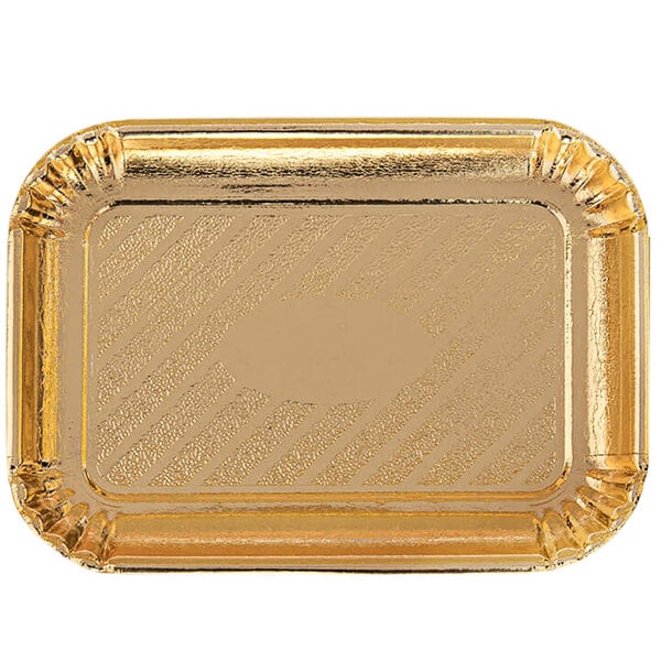 A gold Novacart rectangular pastry tray with a patterned border.