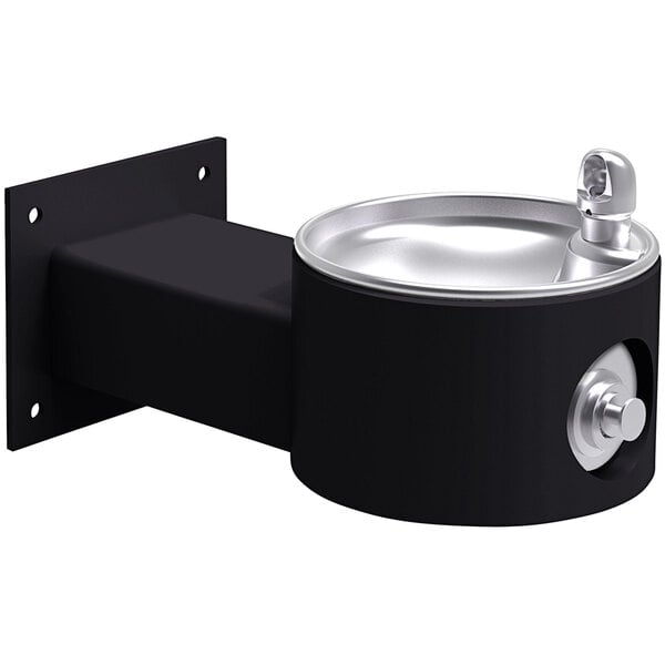 A black and silver Elkay wall mounted drinking fountain.