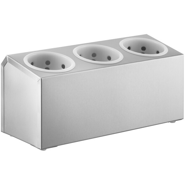A white stainless steel flatware organizer with three holes.