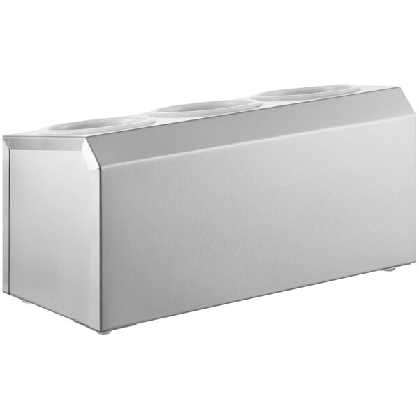 A silver box with three compartments.