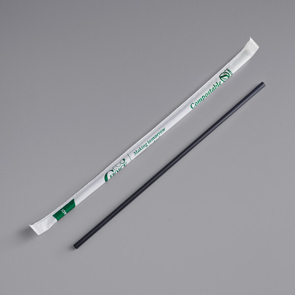 A black and white wrapped EcoChoice PLA straw with a green label.
