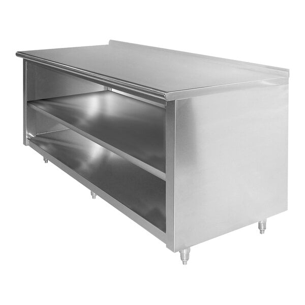 Advance Tabco EF-SS-248M 24" x 96" 14 Gauge Open Front Cabinet Base Work Table with Fixed Mid Shelf and 1 1/2" Backsplash