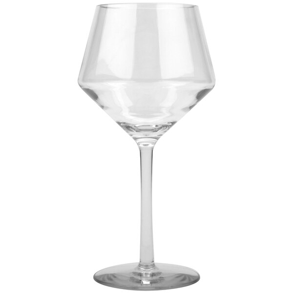 A clear wine glass with a long stem.